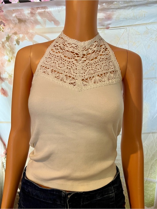 Free People Tops - Free People Cream Crochet Halter Ribbed Tank